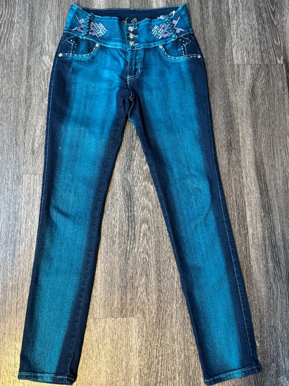 Tush Push Turqoise Blue Denim Jeans Rhinestones & Embroidery Women's Size 11